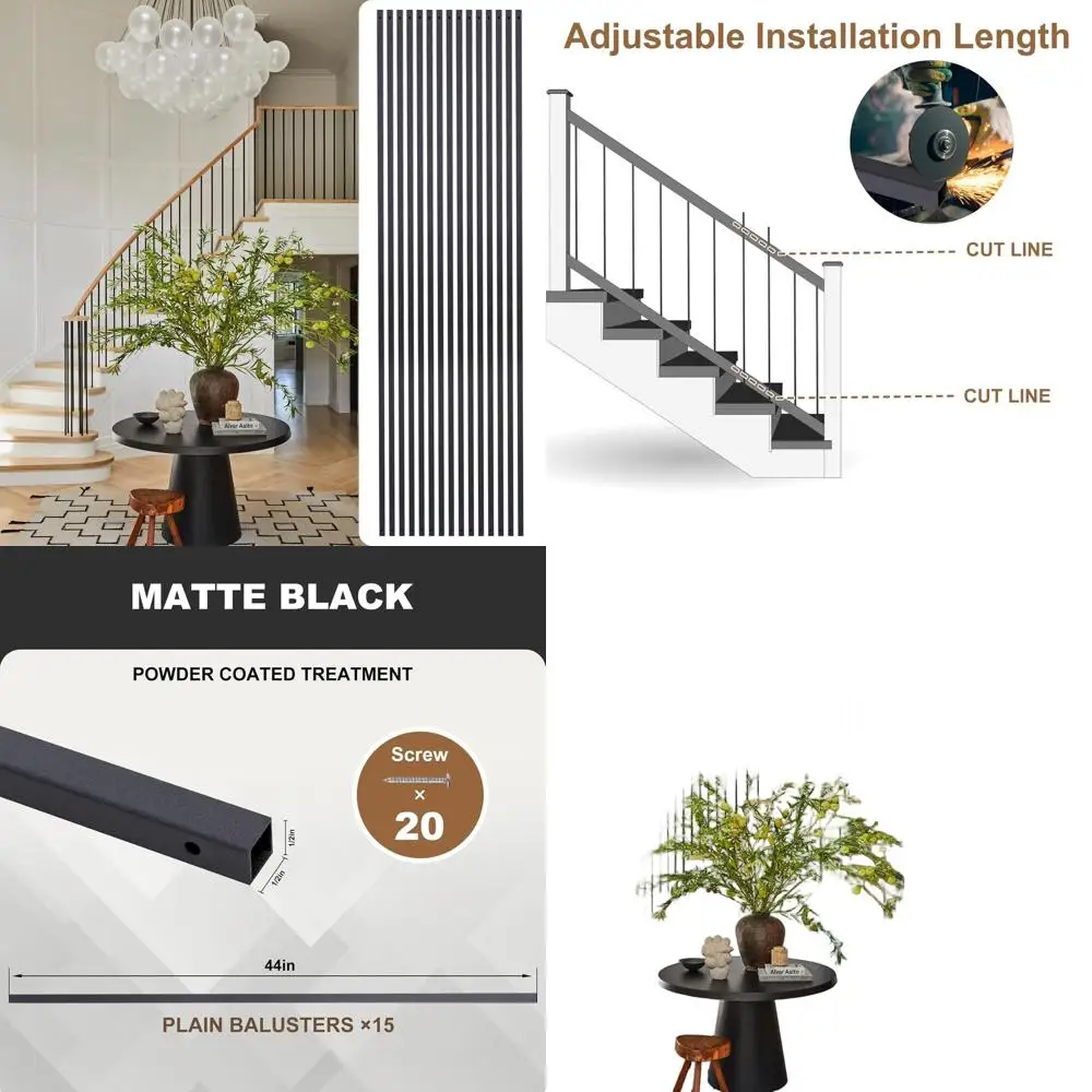 15 عبوة من 44 درابزينًا من الحديد المجوف، وقطر نصف بوصة، ودرابزين سلم مستقيم أسود لإعادة التشكيل