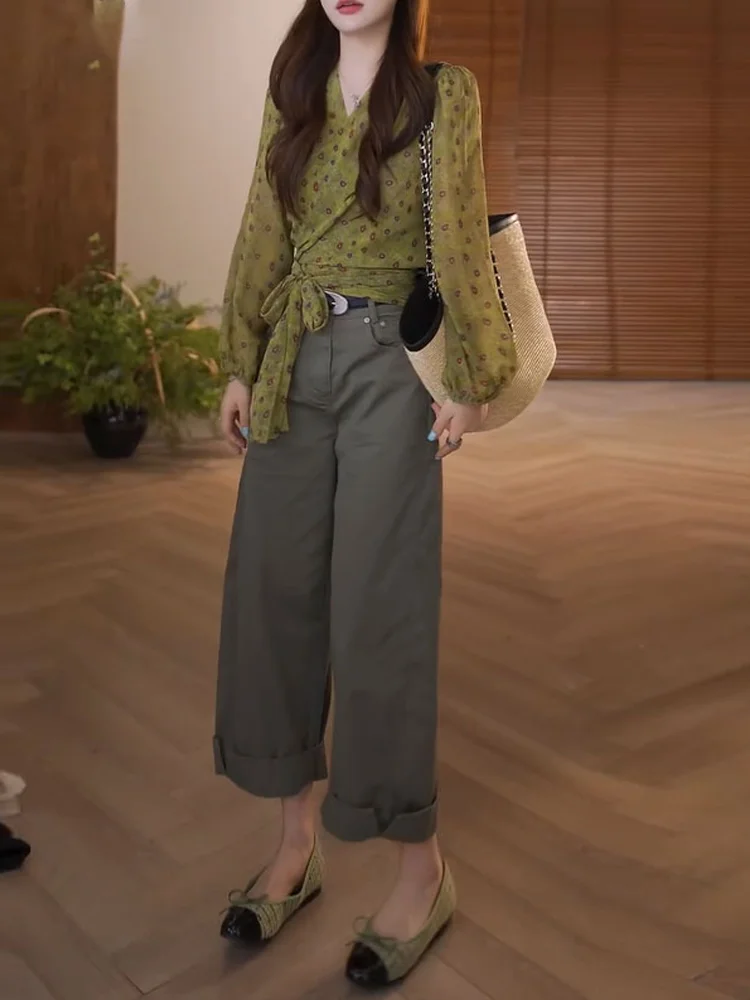 

Elegant Floral Print Long Sleeve Shirt And High Waist Pants Casual Two Piece Set Beautiful And Comfortable Spring Summer Outfit
