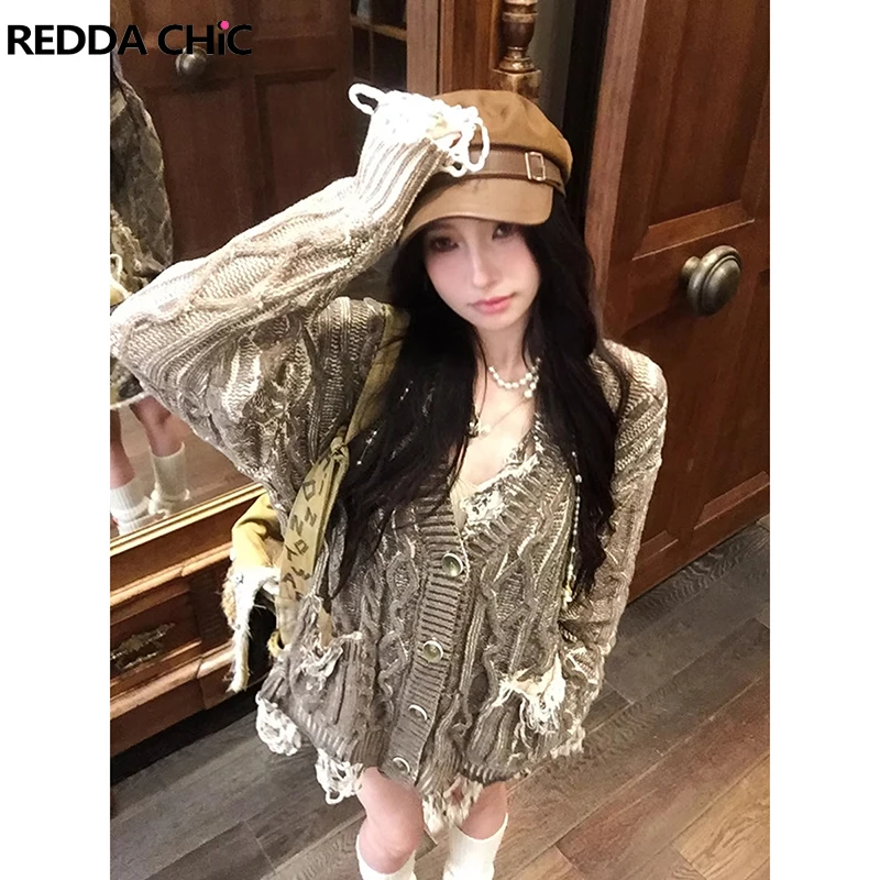 

ReddaChic Do Old Destroyed кардиган свитер женский на пуговицах с v-образным вырезом оверсайз с отверстиями свободная вязаная куртка в стиле ретро в стиле гранж уличная одежда