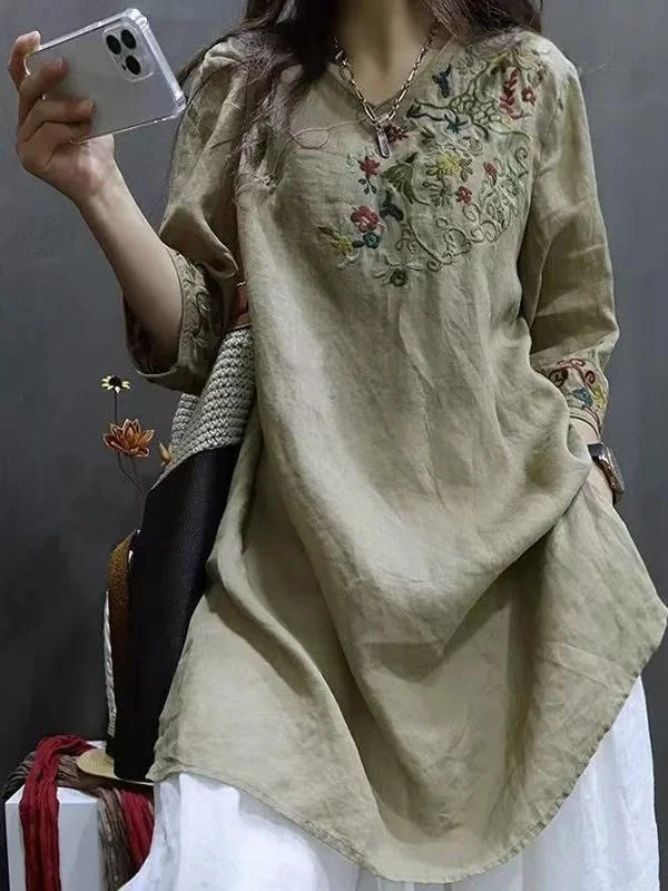 Csa Larga Retro de Aodón y Lino con Bordado para Mujer, Talla ande, Verano, Casual, Cuello en V, Estilo Adeazante, B...