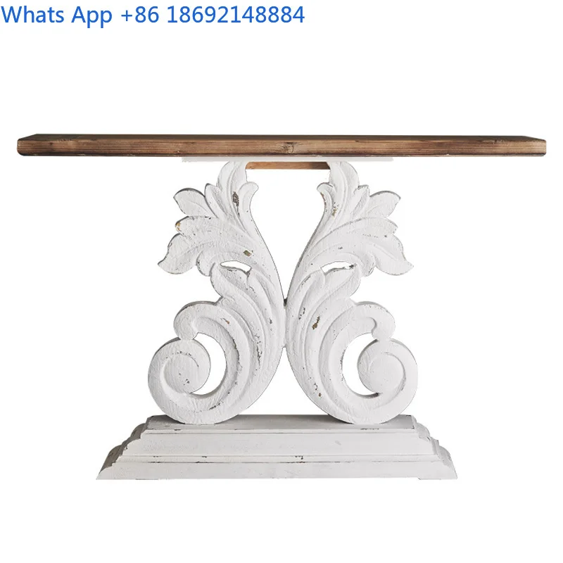 Rustic Solid Wood Carved Console Table for Living Room Hallway Decorative Storage Bench