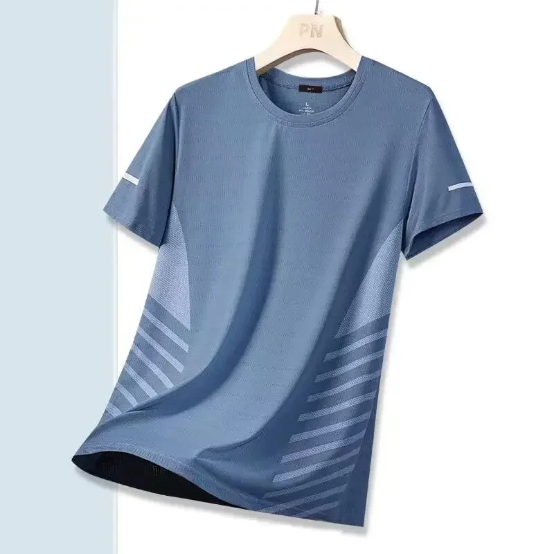 Men's Ice Silk Short Sleeve T-Shirt Summer Thin Breathable Round Neck Casual Sports Sweatshirt Quick Drying Plus Size Loose-Fit