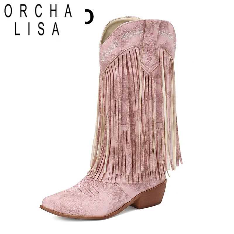 

ORCHA LISA Женские сапоги до колена с бахромой, ковбойские сапоги без шнуровки в стиле вестерн с вышивкой, большой размер, острый носок, блочные каблуки 4,5 см, распродажа с кисточками
