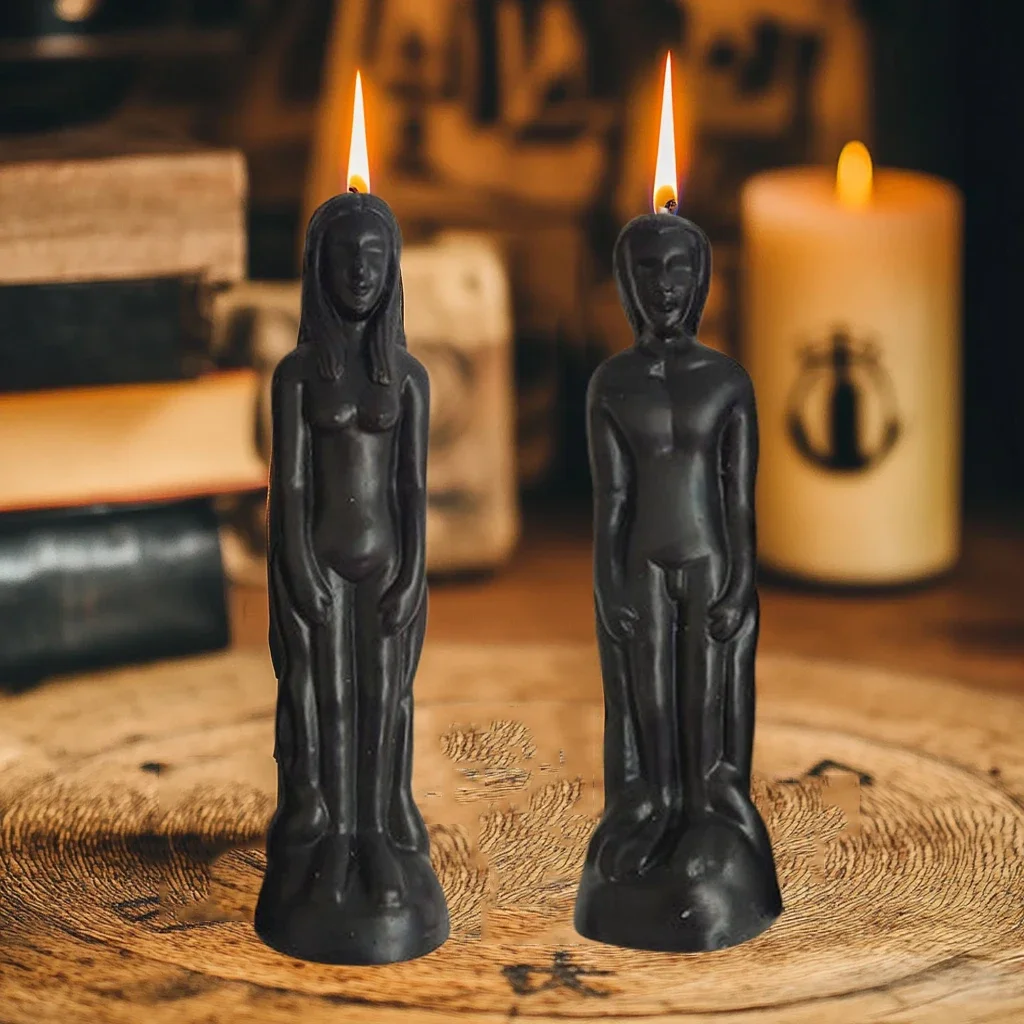 1 Uds. Vela negra Ritual figura masculina femenina vela humana cera de soja cera de parafina velas con capucha para hechizos y altares