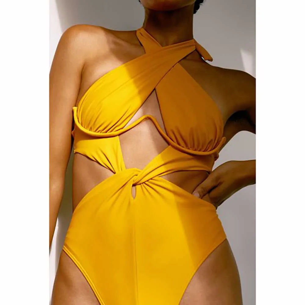 2022 nuova moda costume da bagno donna Sexy tinta unita giallo costume da bagno donna costume intero vacanza Beachwear Backless