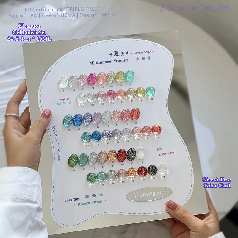 jiansegel 24 Colors Summer Sequins Gel Nail Polish UV LED Soak Off Glitter Sparkle Shimmer Nail Art Gel for Beach Party & Summer