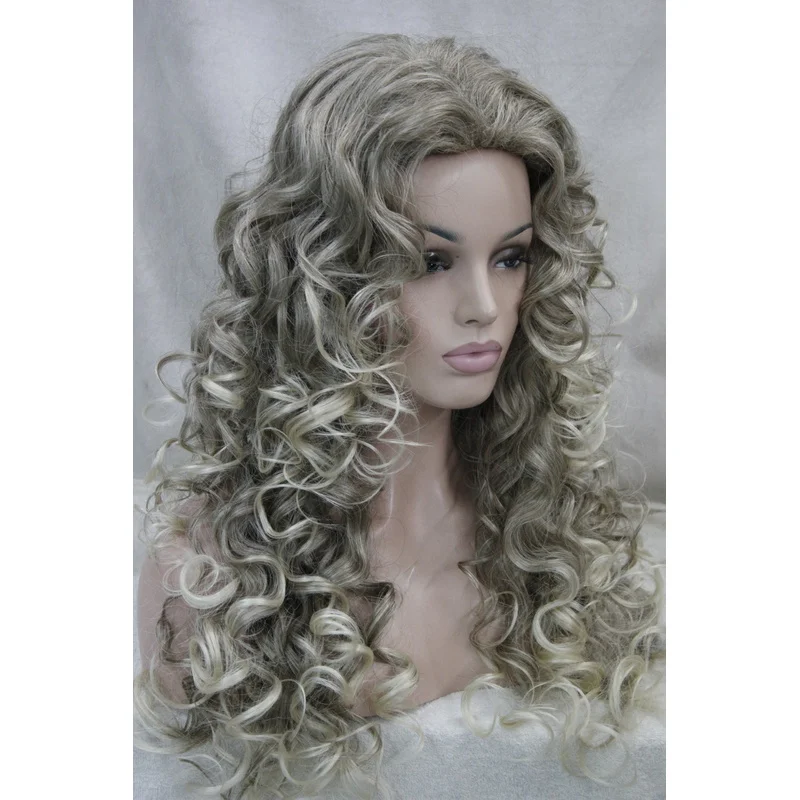 

Модный сексуальный темно-пепельно-русый длинный вьющийся женский полный парик