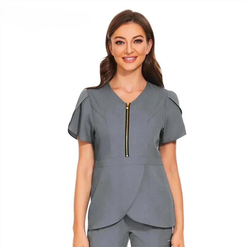 Women Solid Color Nurse Uniform Short Sleeve V-neck Tops Oversized Scrub Shirt for Female Care Worker Healthcare Clinic Clothes