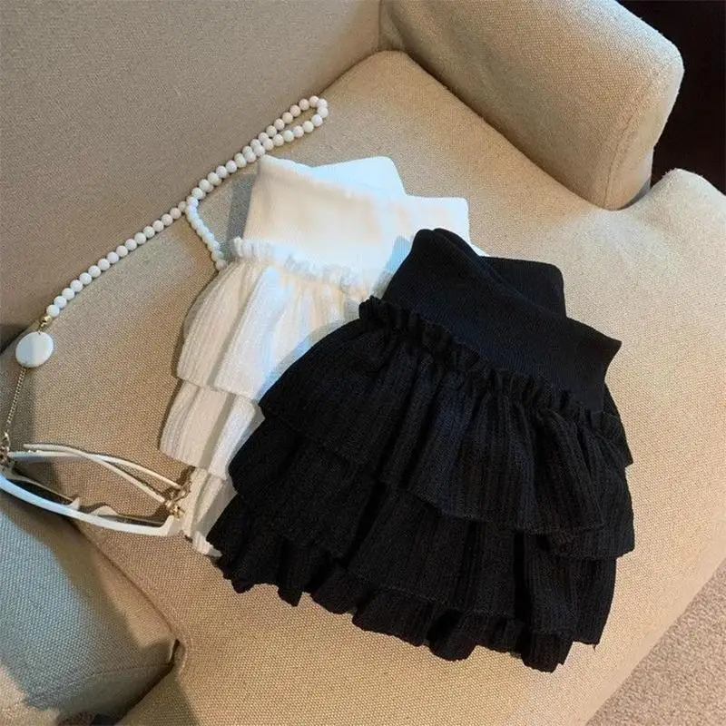Style Sweet Puffy Cake Mini Skirt Women Ruched Ruffle Harajuku Skirt Elastic Waist Casual Versatile Solid Color Skirt