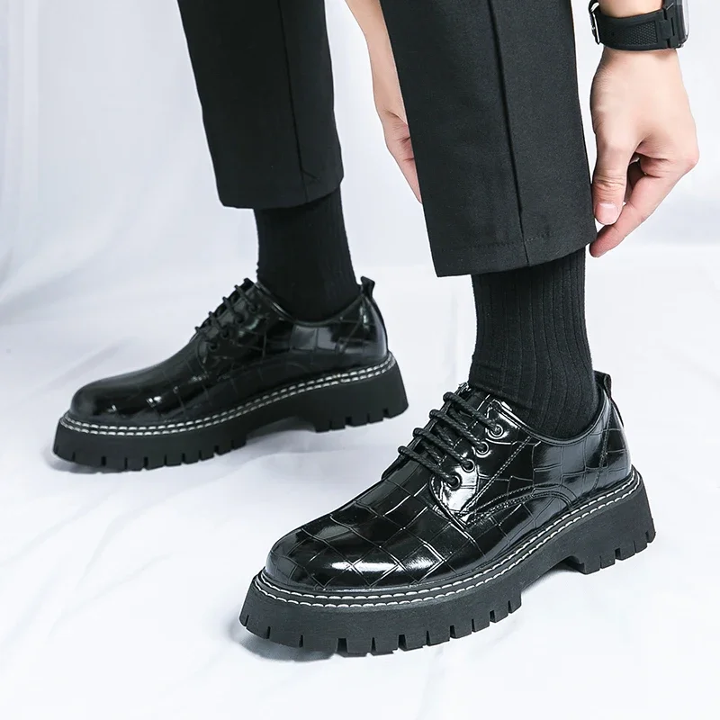 New Black Men Shoes Lace-up Round Toe Stone Pattern Brown Gray Men Dress Shoes Size 38-46