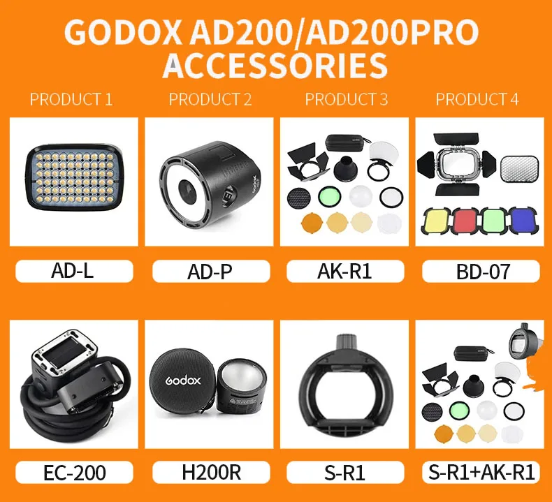 Godox S-R1 AKR1 AD200 PRO H200R BD-07 EC-200 AD-P AD-L Flash Speedlight Adapter Snoot Barn Door Color Filter Reflector for AD200