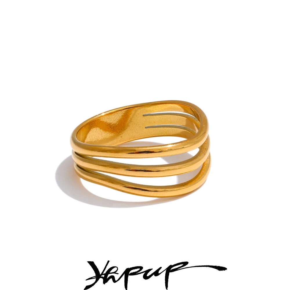 Yhpup 678# Distinctive Stainless Steel Metal Geometric Layered Hollow Golden Ring Charm Trendy Daily Jewelry Accessories