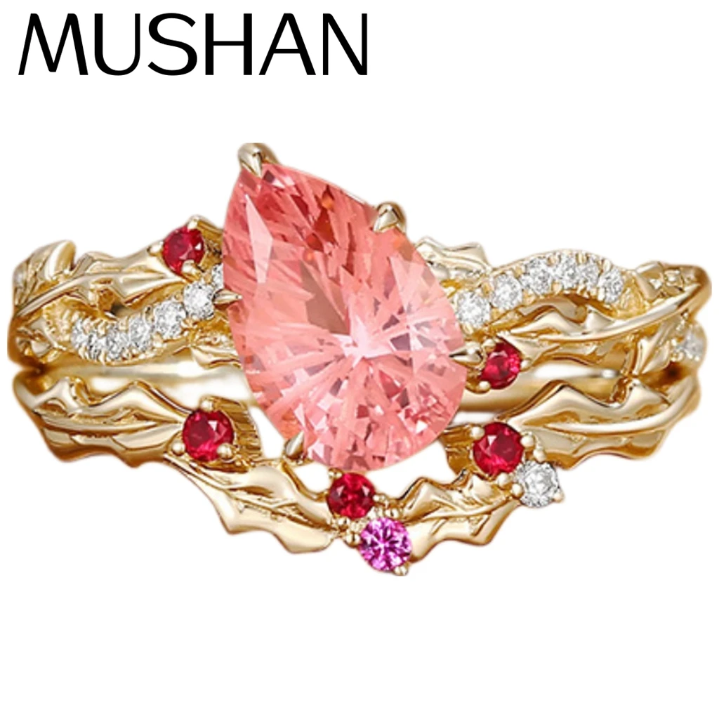 

MUSHAN Custom Jewelry 925 Sterling Silver Ring Lab Pink Gemstones Band GRC Certificated Wedding Ring for Women 18K Gold Plated