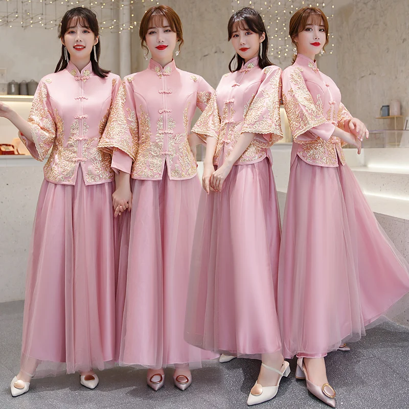 

Novelty Qipao Vestidso 2022 Spring Autumn New Prom Party Dress Casual Chinese Dressing Gown Pink Flower Lace Cheongsam