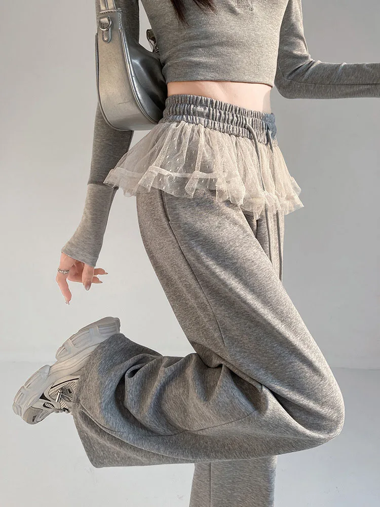 Lace Patchwork Fashion Wide Leg Pants Korean High Waisted Straight Wide Leg Pantalones Women's Casual Loose Lace Up Trousers