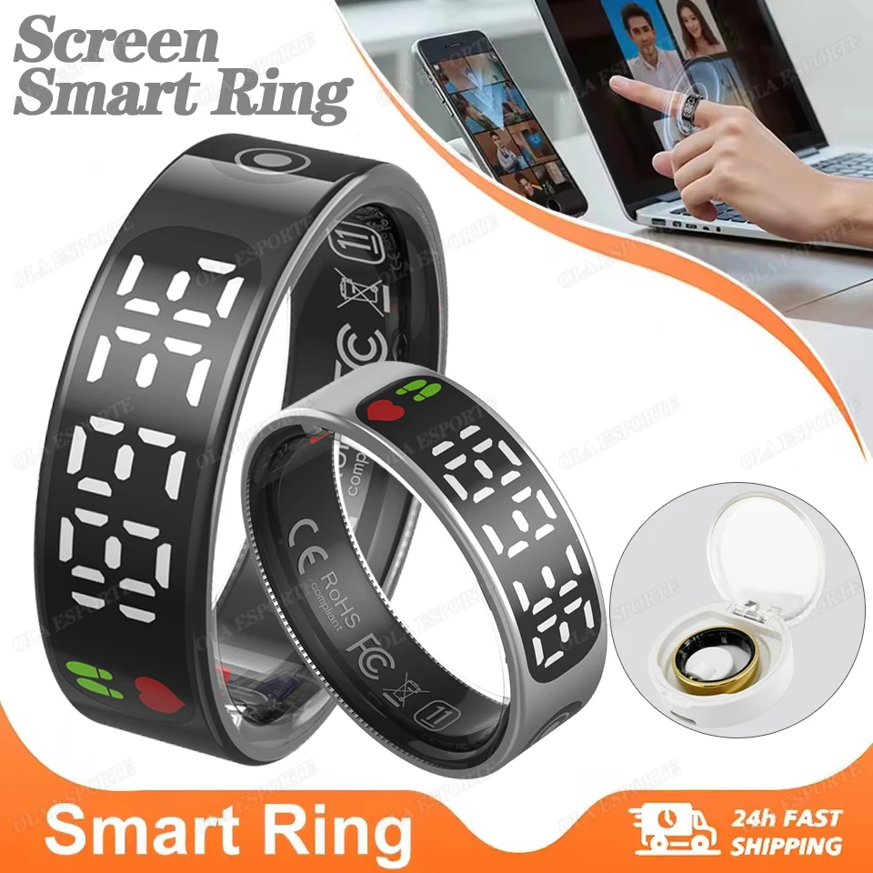 

Smart Rings LED Display Screen for Heart Rate Blood Oxygen Sleep Monitoring Multi Sports Modes IP68 Waterproof Ring for Women