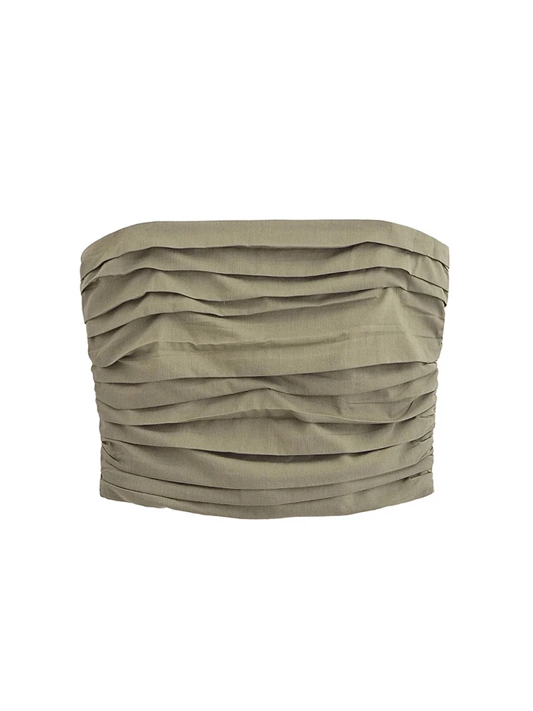 

Womens 2024 Summer Fashion Pleated Elastic Short Tops Girls Sexy Streetwear Strapless Back Zipper Green Vest