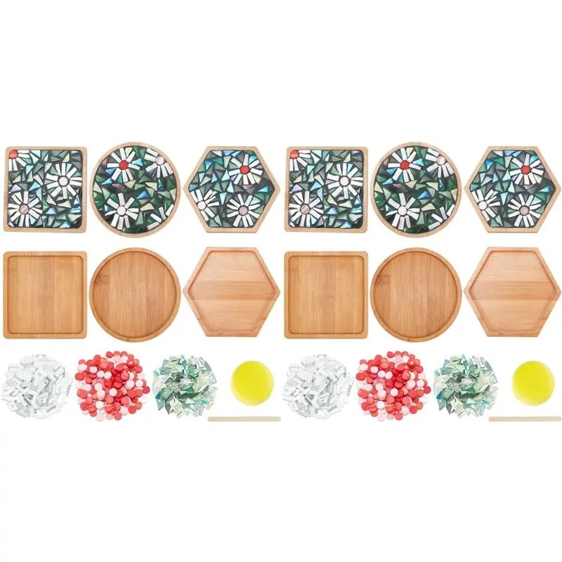 ABRU-2 Set 3 Styles DIY Mosaic Craft Set Floral Mosaic Bamboo Coaster Set For Handmade Art Home Decoration