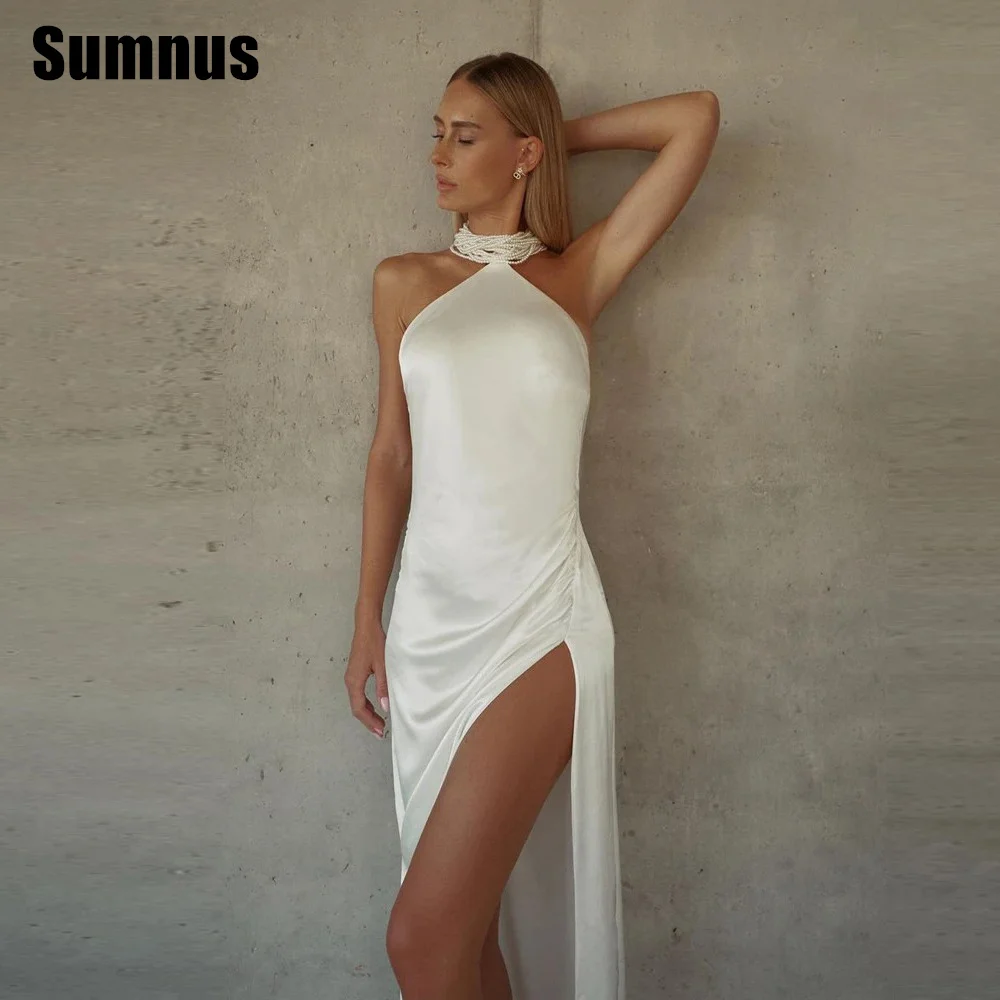 

Sumnus Sexy Backless Beach Wedding Dresses Silk Satin Pearls Necklace Side Split Women Formal Party Gowns Night Evening Dress