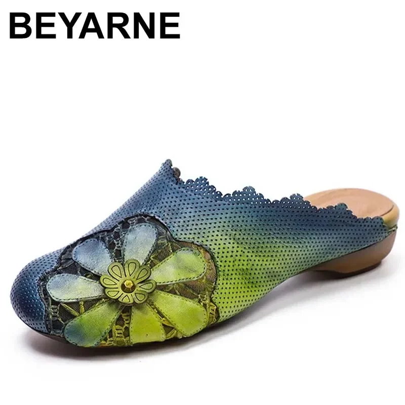 

Summer Slippers Leather Shoes Woman Handmade Genuine Leather Embroidery Mules Women Flat Slippers Home Shoes Brand2023