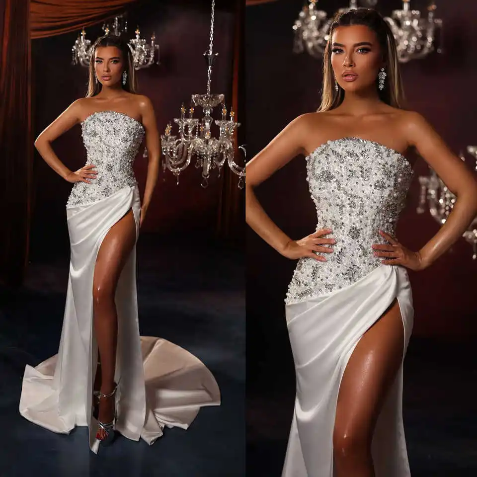 Vintage Crystal Zeemeermin Trouwjurk Sexy Mouwloze Kralen Bruidsjurk Hoge Kant Split Aangepaste vestidos de novia