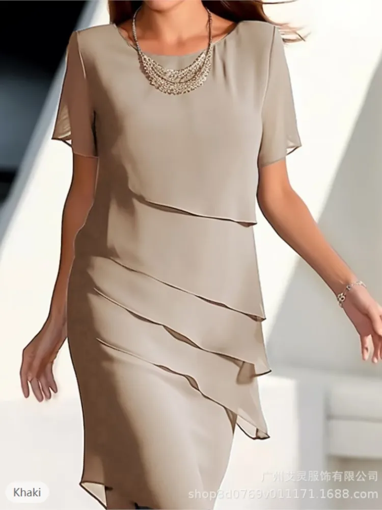 Spring Summer Women\'s New Solid Color Short Sleeved Fashionable Flash Ruffle Edge Round Neck Casual Comfortable Dress