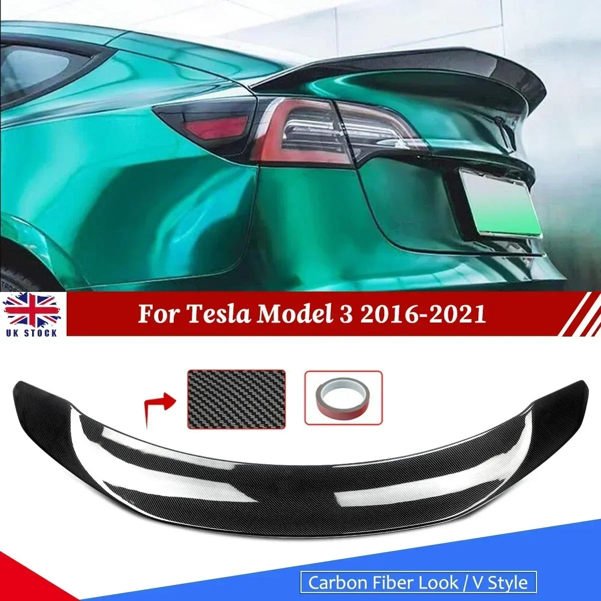 

For 2017-22 Tesla Model 3 V Style Sport Rear Trunk Lid Spoiler Wing Carbon Fiber Look Tuning Exterior Accessories