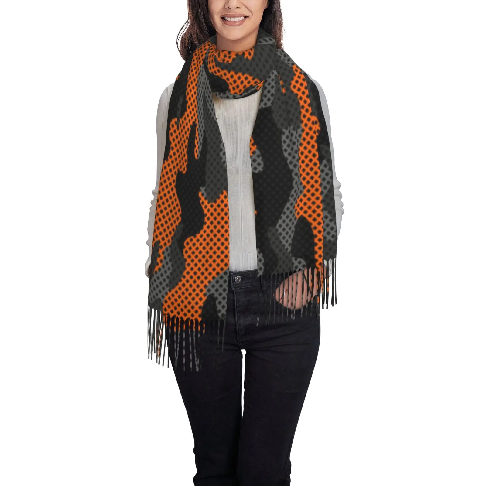 Orange Black Camo Print Tassel Shawl for Women Soft Warm Scarf Lightweight Wrap Stole Daily Party Wear
