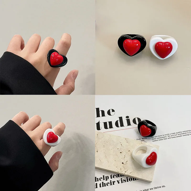 WLP 2023 New Fashion Cute Acrylic Red Heart Decor Rings for Women Men Couples Funny Finger Ring INS Y2K anillos Accesorios