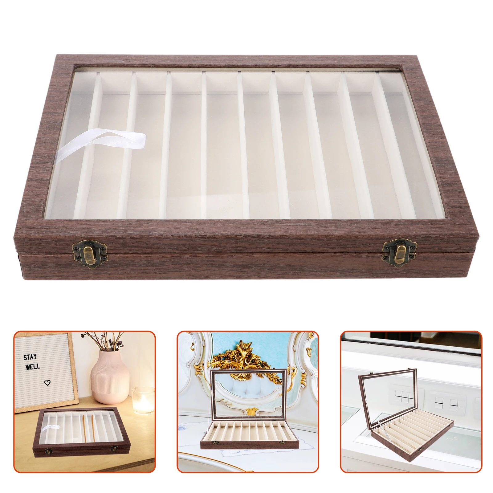 Delicate Wooden Jewelry Box Multi-Functional Trinket Storage Case 10 Grids Durable Wood Cloth Material Decorative Home Office