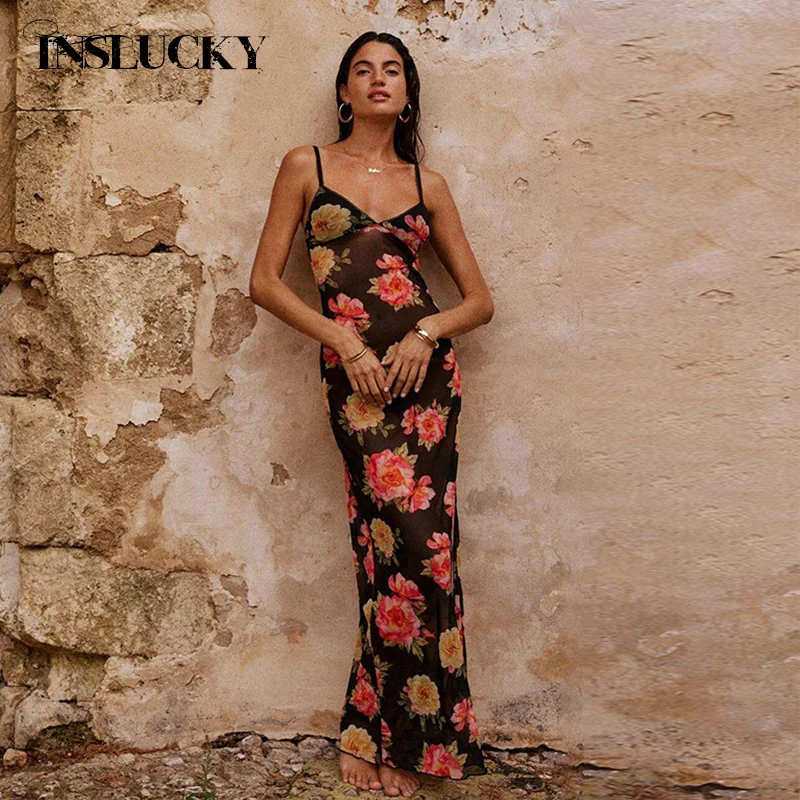 

InsLucky Vintage Floral Print Dress Mesh See Through Sexy V Neck Sleeveless Women Ankle-Length Dress Travel Beach Party Clothing