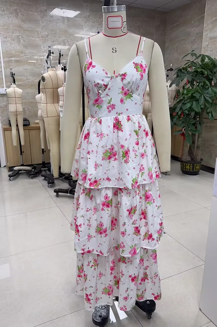Vestido camisola floral para mujer, cuello en V, tirantes finos, espalda abierta, lazo cruzado, corte en A, vestido largo con volantes en capas divididas