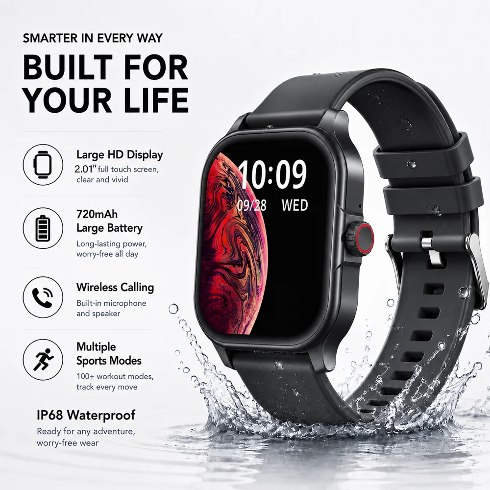 

Smart Watch 720mAh Battery 1.83" HD Bluetooth Call Heart Rate Monitor IP68 Waterproof Sports Fitness Tracker
