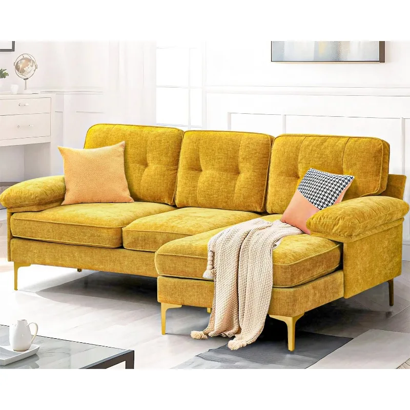 

83" Yellow Sectional Couch w/Chaise Chenille Small Convertible L Shaped Sofa Couch