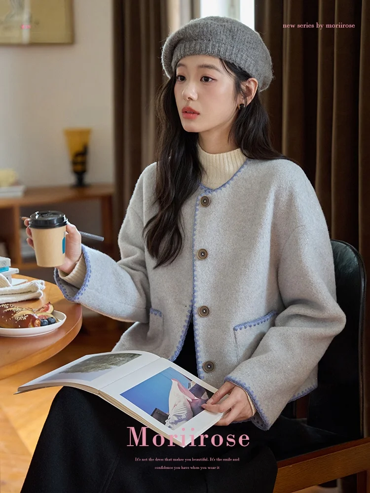 

Moriirose Blue round Ne ell Sve Woolen Coat Women Winter Loose Commute ort Nylon Blend Thiened Long Sve Jaet