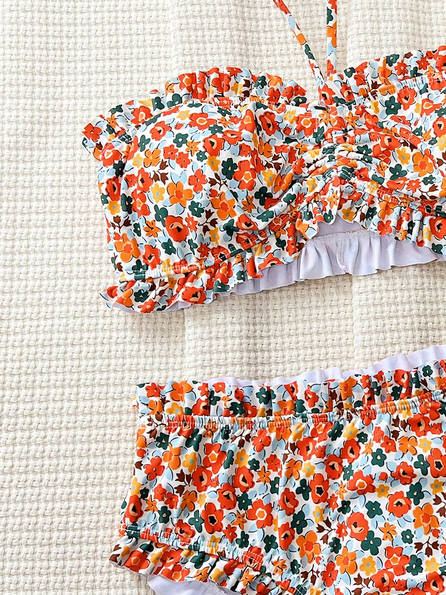 ดอกไม้พิมพ์ Ruffled Bandeau ชุดว่ายน้ําหญิงบิกินี่ผู้หญิงชุดว่ายน้ําบิกินี่สองชิ้นชุด Bather ชุดว่ายน้ําว่ายน้ํา