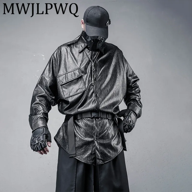 

MWJLPWQ Hiphop Niche PU High-End Shirt For Men High Street Lapel Long Sleeve Autumn Loose Casual Mid-Length Tops Trendy 12096