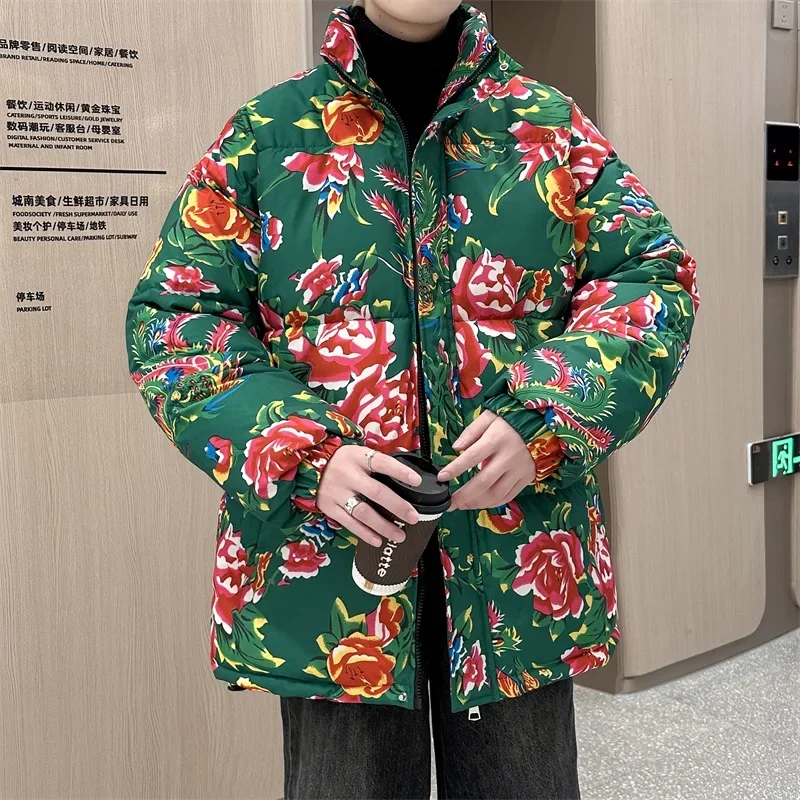Mens New Winter Thicken Short Parkas Coat Fashion Internet Celebrity Chinese Style Northeast Large Flower Cotton Jacket Men