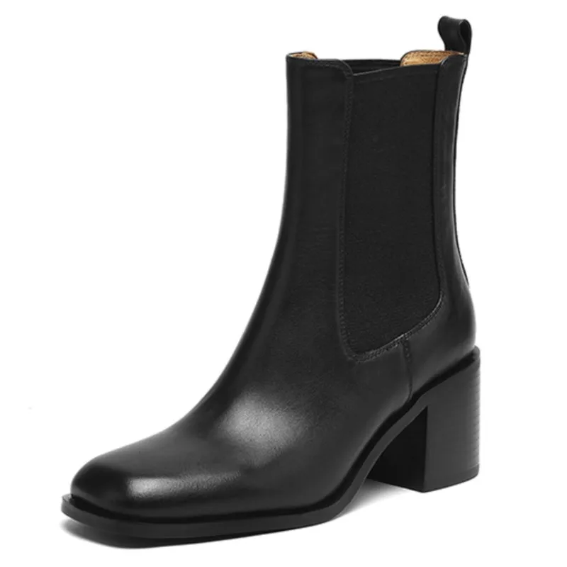 Dilalula 2025 Genuine Leather Women Chelsea Ankle Boots High Chunky Heels Elastic Closure Office Lady Leather Short Boots Dress