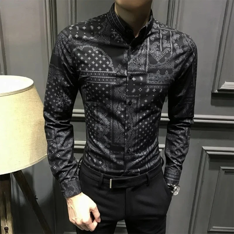 

Korean Fashion Men Clothing New Shirts Spring Autumn Trend Streetwear Casual Single Breasted Lapel Printing Long Sleeve Slim Top