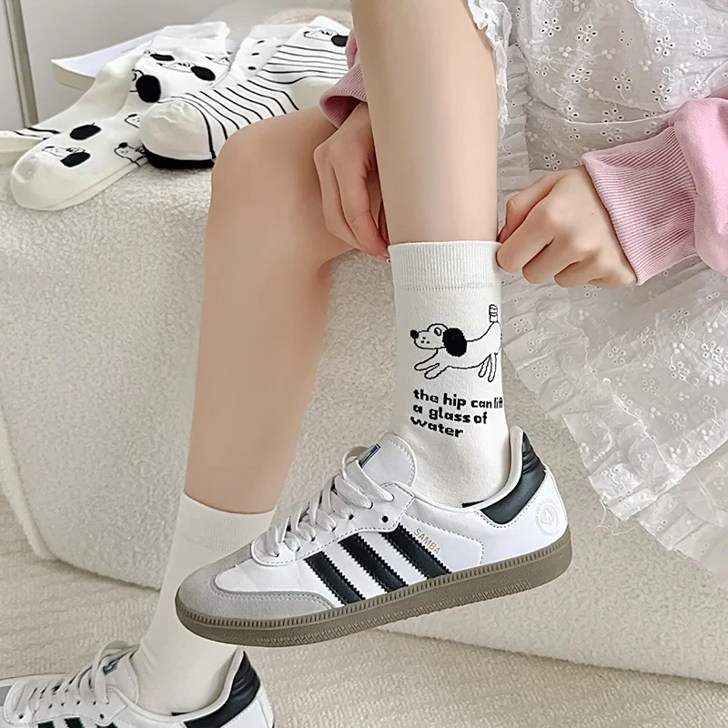 الجوارب الكورية الأزياء مخطط كلية نمط JK الفتيات مرونة الجوارب الطويلة الأبيض النساء الجوارب الكرتون الكلاب طباعة اليابانية Kawaii لطيف #5