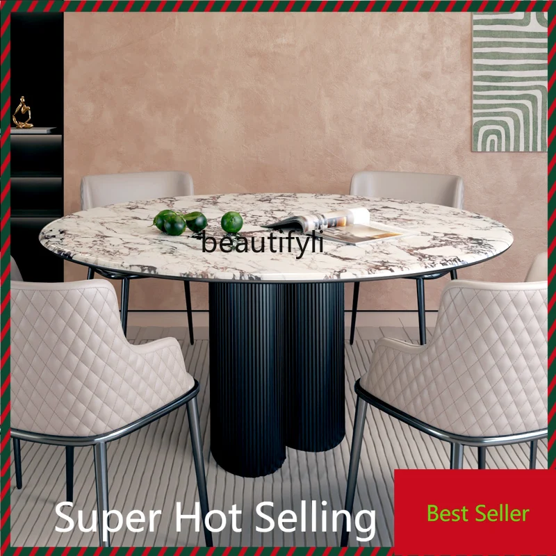 

Round marble dining table with turntable household Italian light luxury French stainless steel table G1218