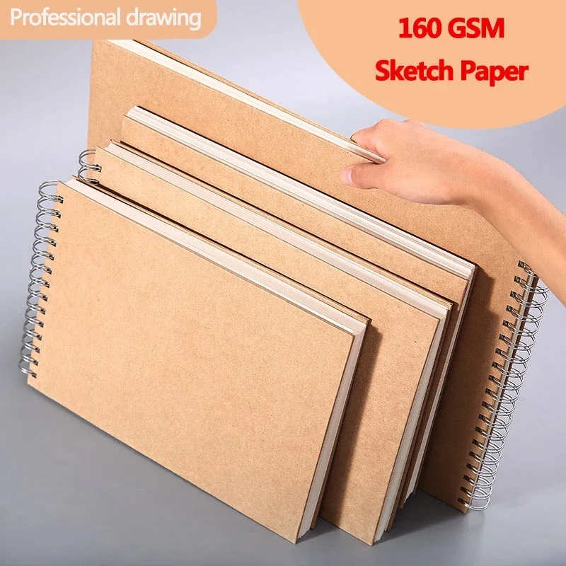 Cuaderno de bocetos de papel Kraft A3/8K/A4/16K/A5, cuaderno de arte en espiral, hojas en blanco, cubierta dura de 160GSM, suministros escolares, dibujo de lápiz, Graffiti