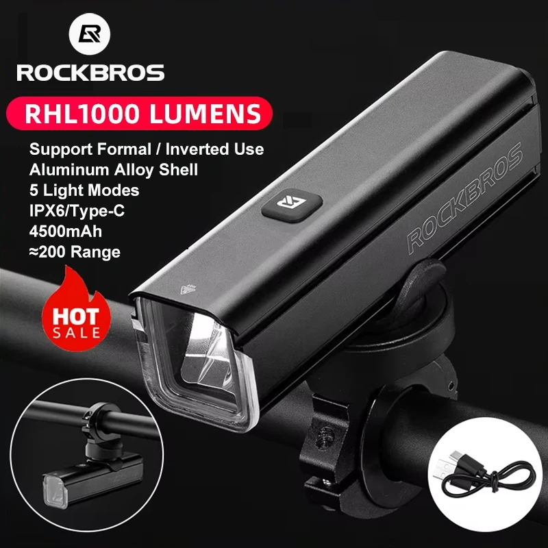 

Велосипедный фонарь ROCKBROS 1000LM, передний фонарь для MTB и шоссейных велосипедов, из алюминиевого сплава, водонепроницаемый IPX6, зарядка Type-C, велосипедный фонарь-фара