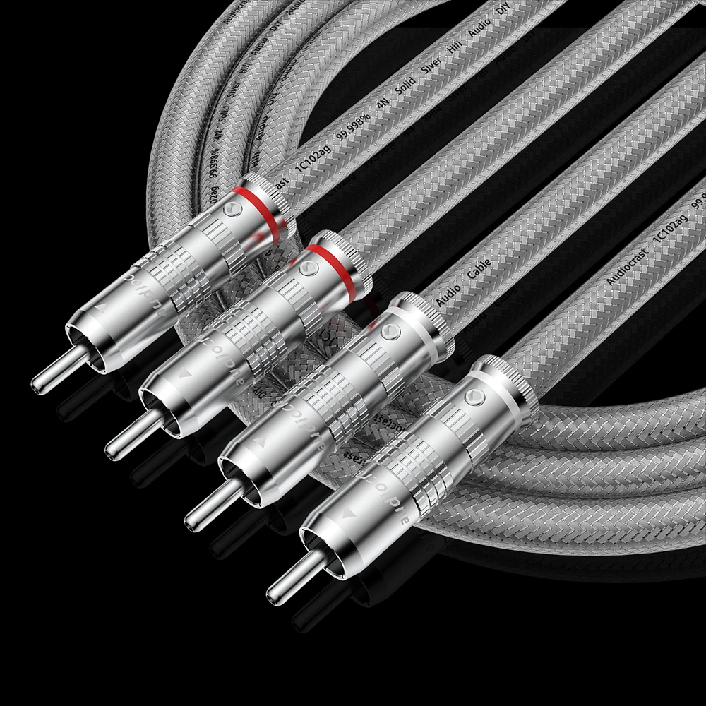 New Audiocrast 99.998% Pure Silver RCA Cable HiFi Audio Interconnect Solid PSS Pure Silver Core Wire Silver-Plated Plug Silver