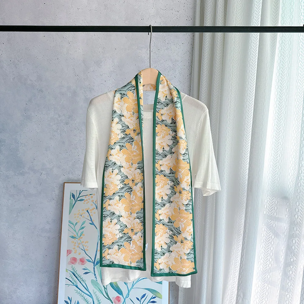 

Длинный атласный шелковый шарф для волос Желтая лента Тонкий шейный шарф Шелковый пояс Зеленая повязка на голову Шейный шарф для женщин Шелковые 100% цветочные ленты