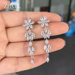 ZAKOL Shiny White Cubic Zirconia Flower Long Dangle Earrings for Women Luxury Bridal Wedding Jewelry