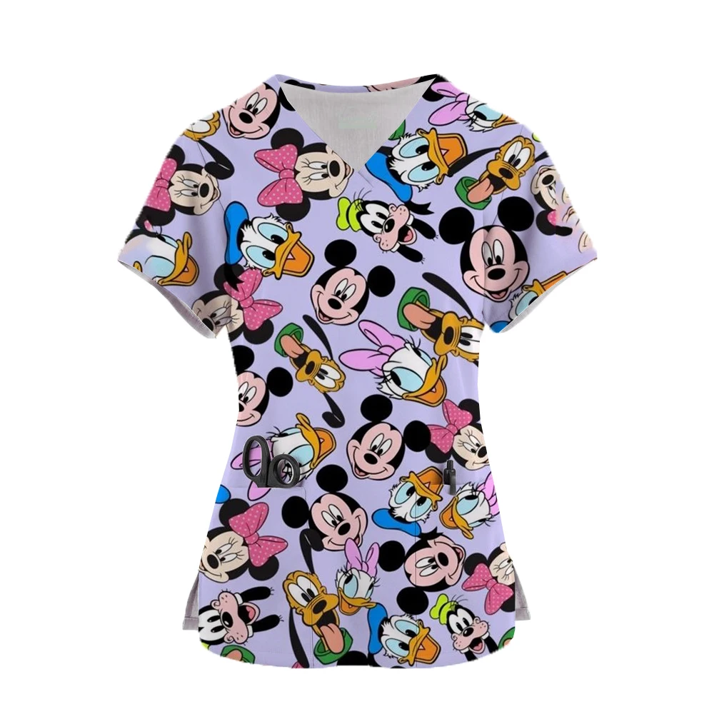 Nurse Uniform Tops V Neck T Shirt Disney Stitch Hospital Woman Clothes Pocket Top Women 2024 Summer T-shirt Shirts T-shirts Tees