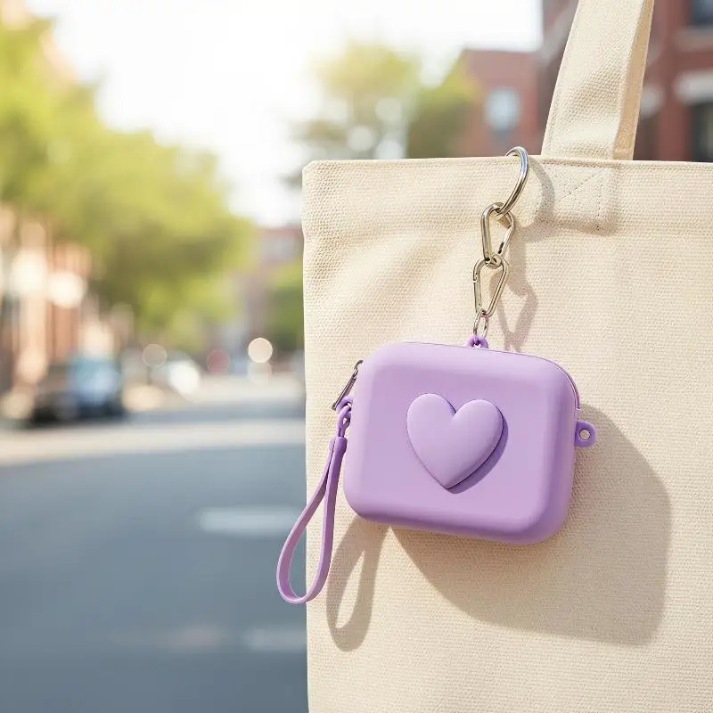 Cute Candy Color Silicone Coin Purse With 3D Heart Design Portable Wrist Lanyard For Keys Earphones Coins Daily Outings Shopping