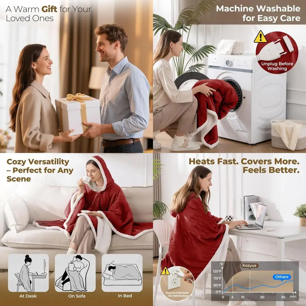 

Electric Heated Blanket with Hood & Pockets, 5 Levels of Warmth, Auto-Off, Washable, Certified, Unisex, Red